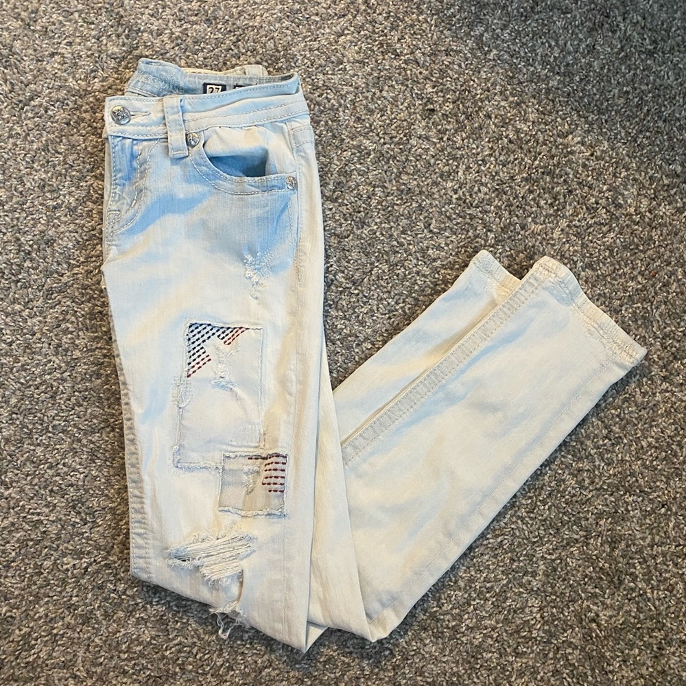Rare Miss Me USA Flag Distressed Light Blue/White Skinny Jeans